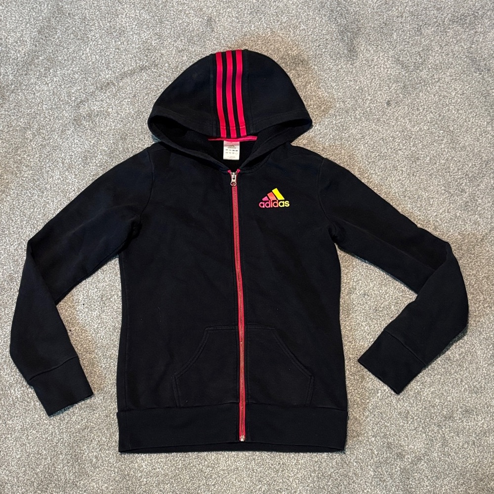 Adidas Black Hoodie with Pink Stripes and Yellow Logo
